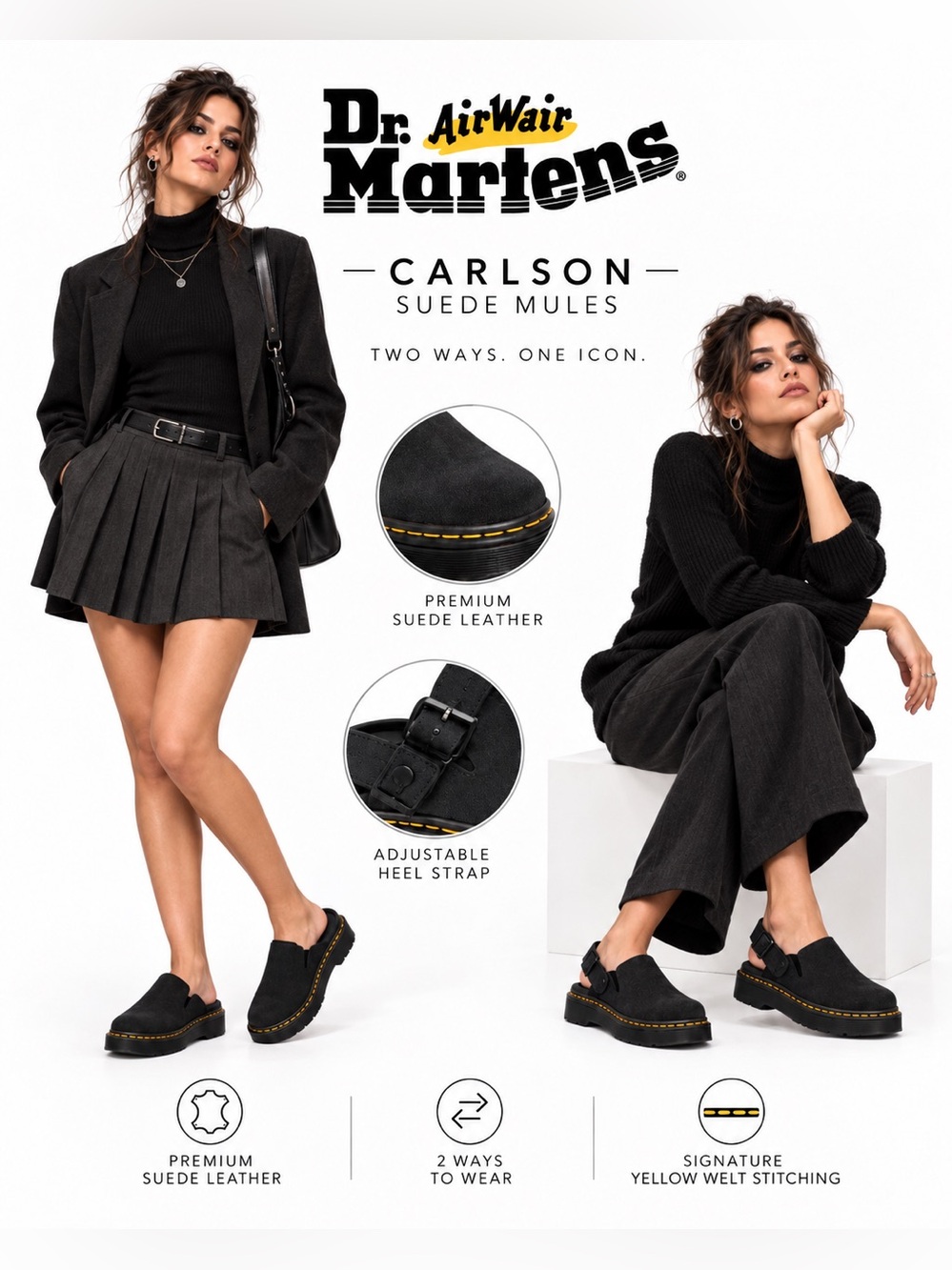 Dr. Martens Carlson Charcoal Black Suede Mules Convertible Clogs NWT